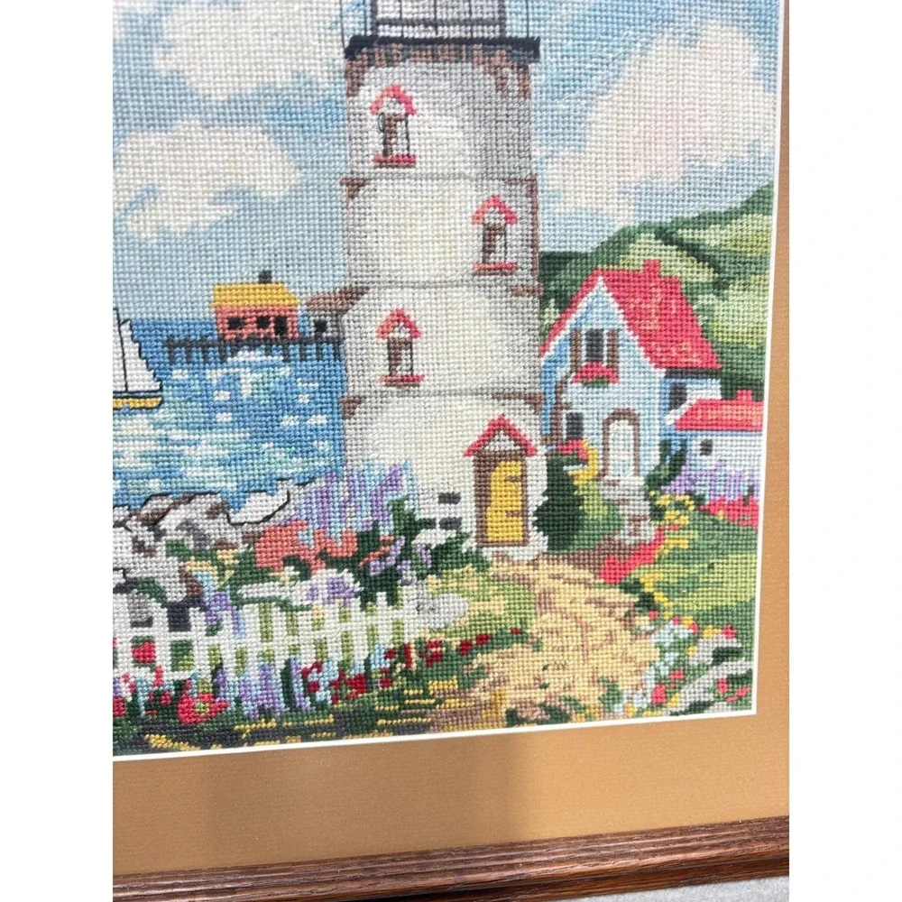 Framed Cross Stitch Handcrafted Lighthouse Seascape Art‎ Coastal Nautical Decor